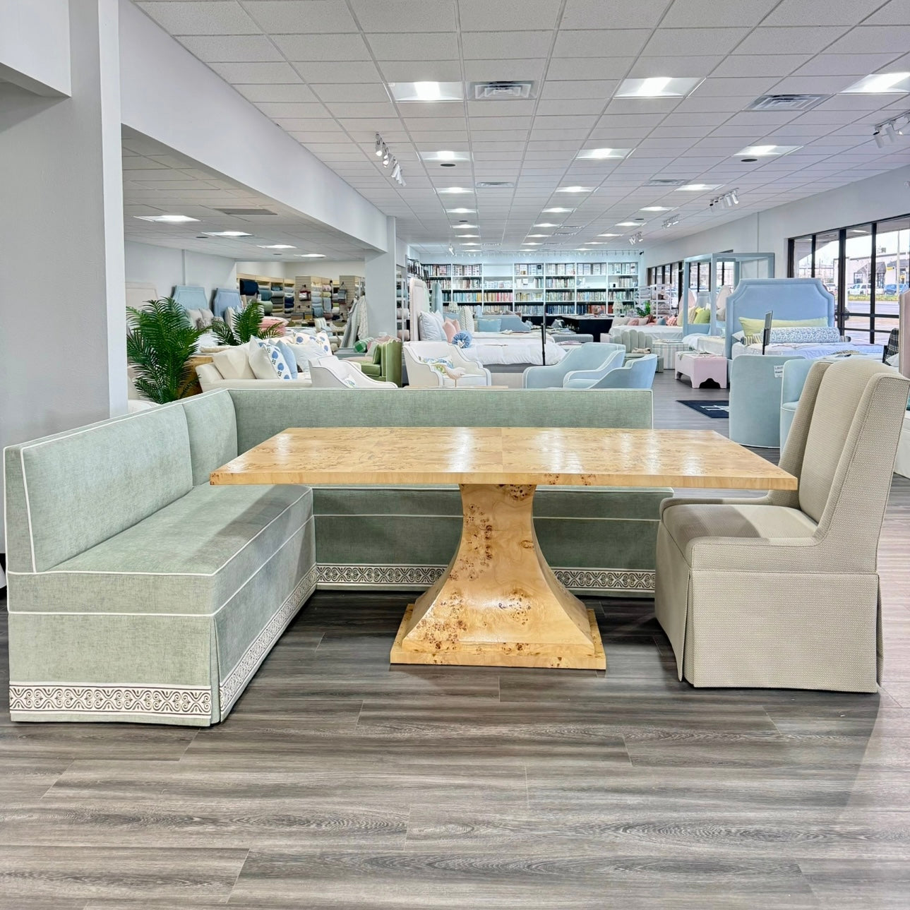 Custom Mappa Burlwood Dining Table – Amber Finish