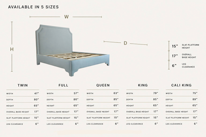 The Addison Queen Bed - Scalloped Legs - Sky Blue Woven Fabric - White Trim