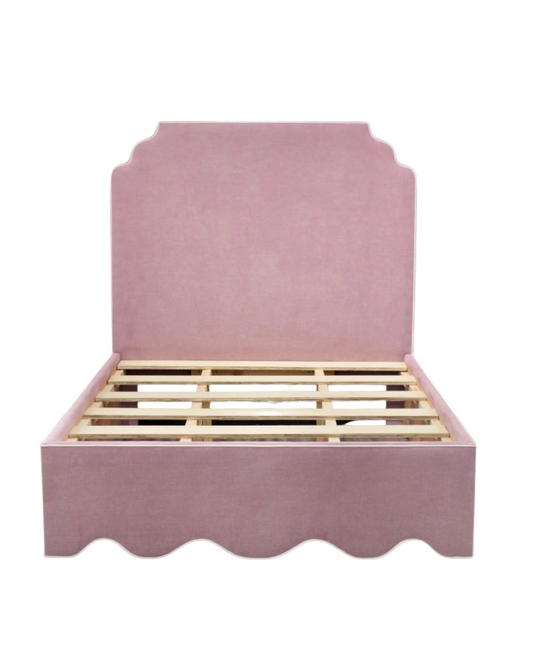 60”H Queen Upholstered Platform Bed - Scalloped Base - Lavender Woven Fabric with White Pink