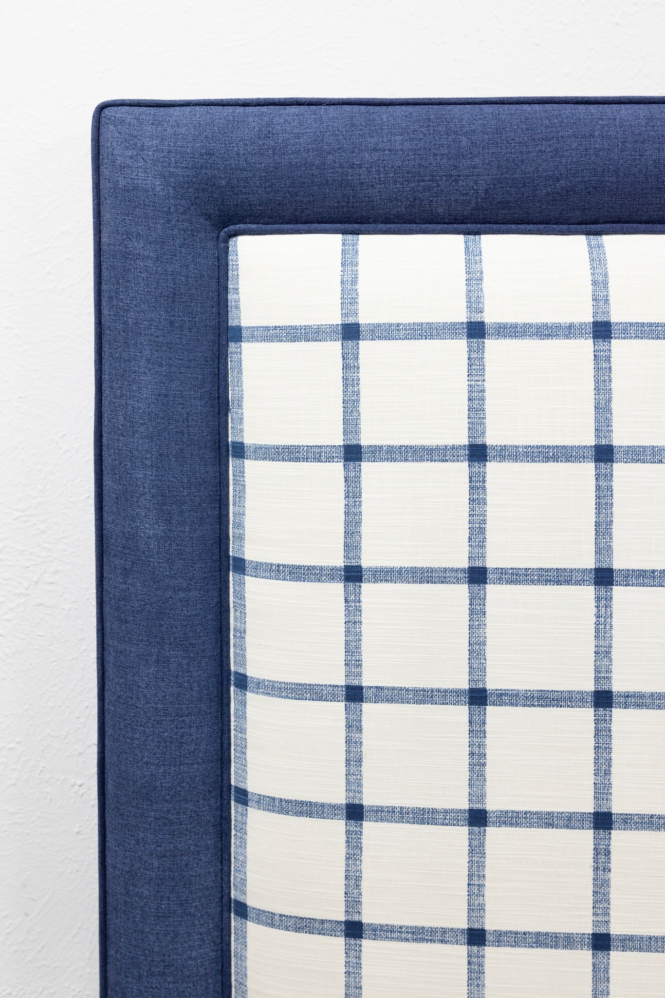 The Lorraine Queen Headboard - Navy Plaid Fabric - Navy Trim