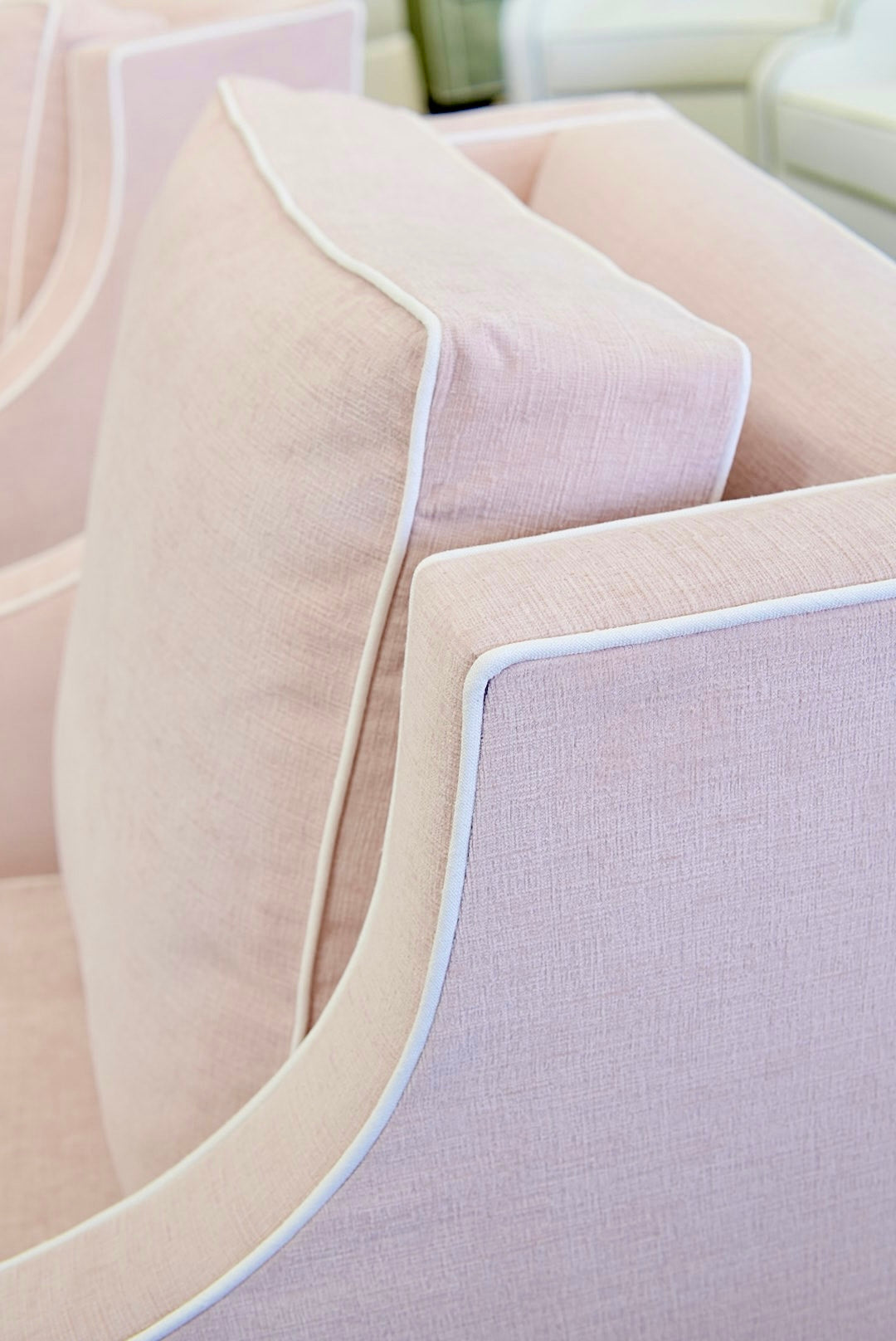 Custom Swivel Glider Chair – Performance Light Pink Chenille Fabric with White Trim