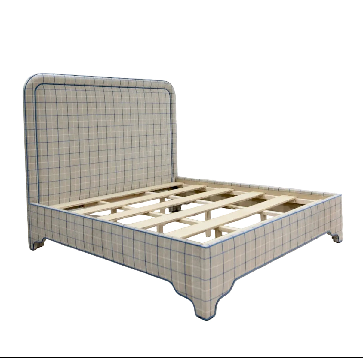 The Lorraine King Bed - Scalloped Legs - Performance Cream Plaid Fabric - Ocean Blue Trim