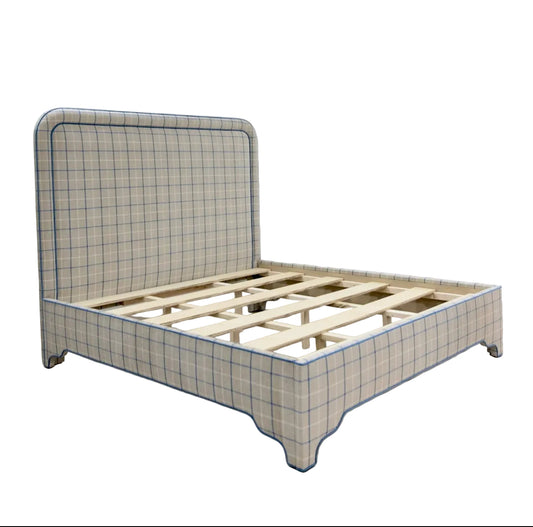 The Lorraine King Bed - Scalloped Legs - Performance Cream Plaid Fabric - Ocean Blue Trim