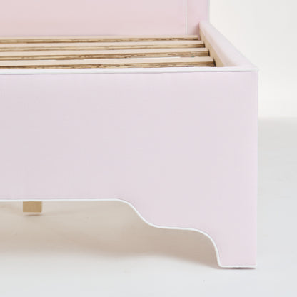 65” H Queen Upholstered Platform Bed - Scalloped Legs - Powder Pink Woven Fabric with White Trim