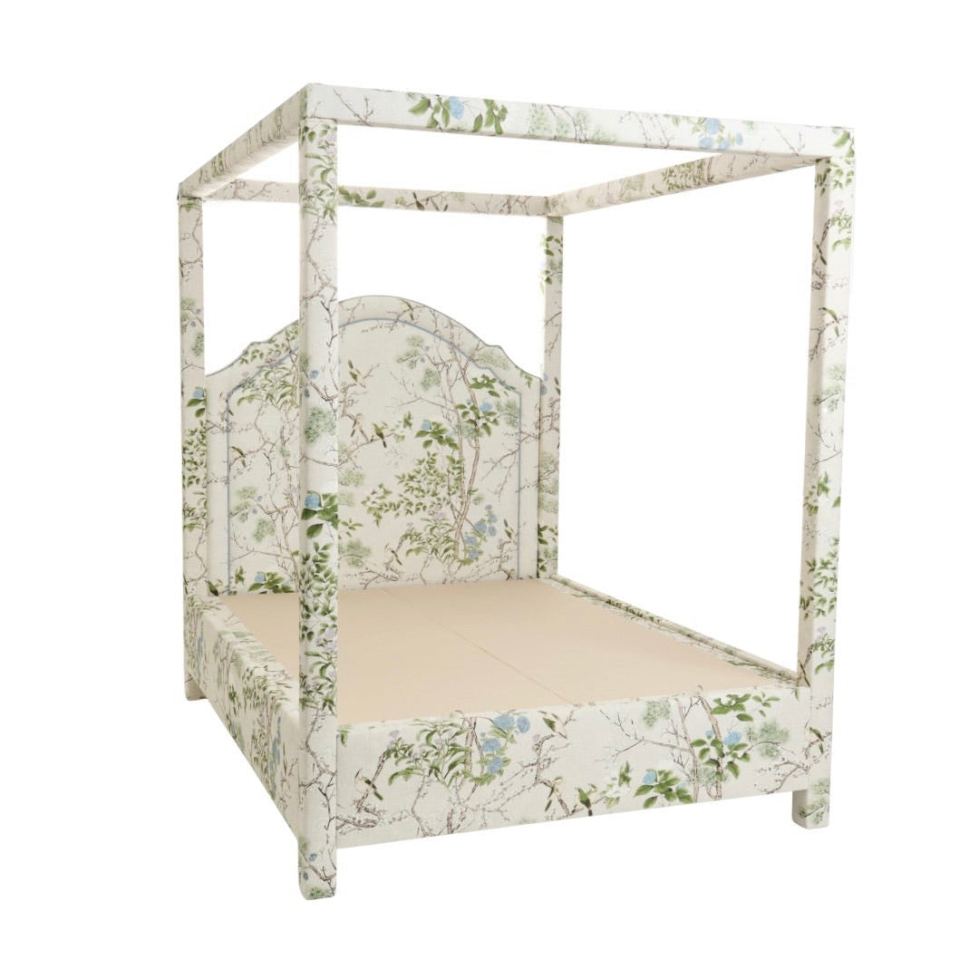 The Grace Queen Canopy Bed - Upholstered in Katsura Fabric - Blue Trim