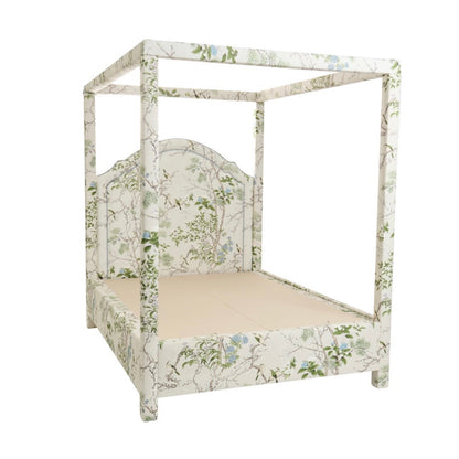 The Grace Queen Canopy Bed - Upholstered in Katsura Fabric - Blue Trim