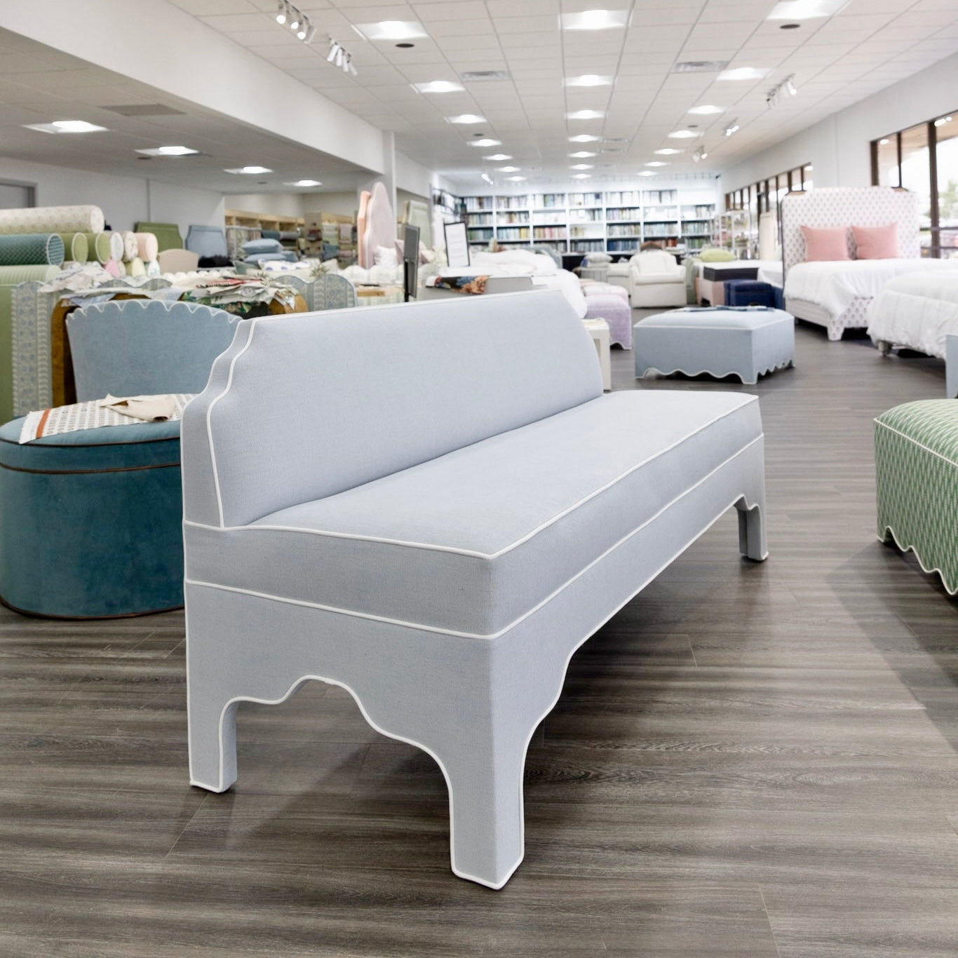 The Helena Banquette – Light Blue Crypton Fabric, White Piping