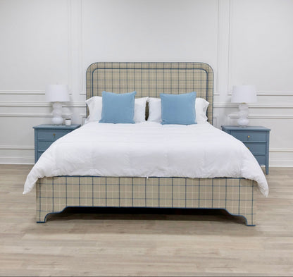 The Lorraine King Bed - Scalloped Legs - Performance Cream Plaid Fabric - Ocean Blue Trim