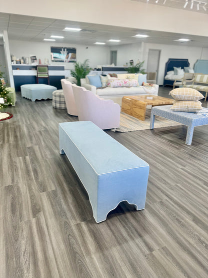 Custom Upholstered Bench in Sky Blue Woven Fabric