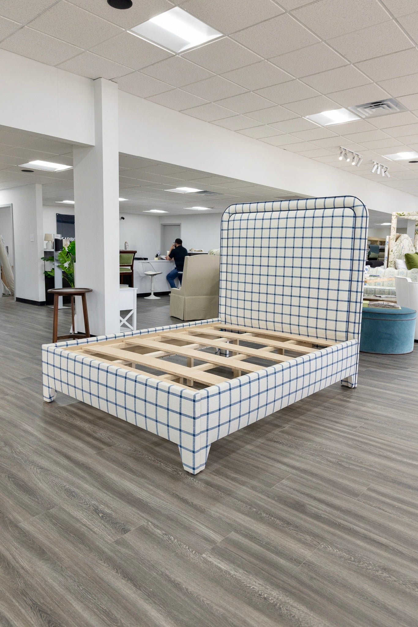 The Lorraine Queen Platform Bed in Navy Plaid Fabric - Navy Trim