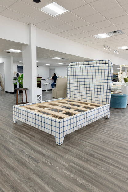 The Lorraine Queen Platform Bed in Navy Plaid Fabric - Navy Trim