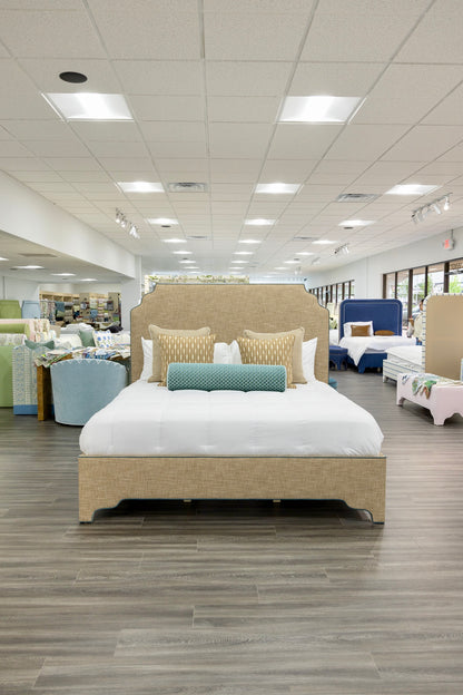 The Helena King Bed - Scalloped Legs - Performance Brown Linen Fabric - Blue Trim