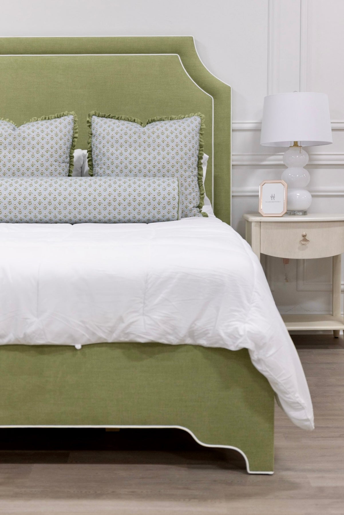 The Addison Queen Bed - Scalloped Legs - Pistachio Green Woven Fabric - White Trim