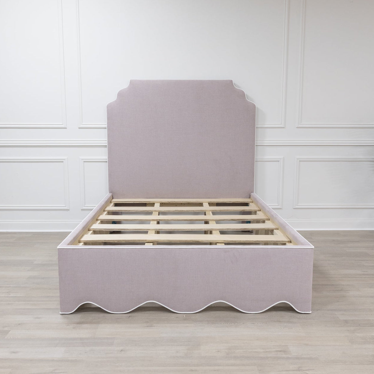 The Helena Queen Bed - Scalloped Base - Lilac Woven Fabric - White Trim