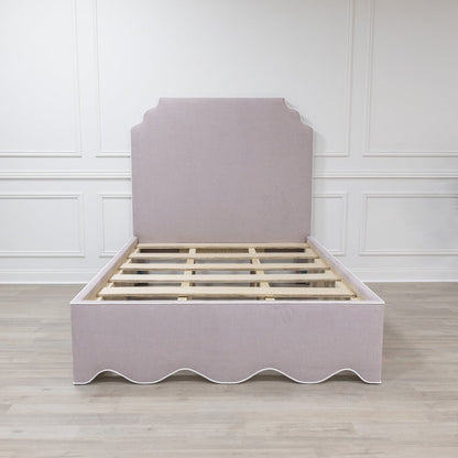 The Helena Queen Bed - Scalloped Base - Lilac Woven Fabric - White Trim