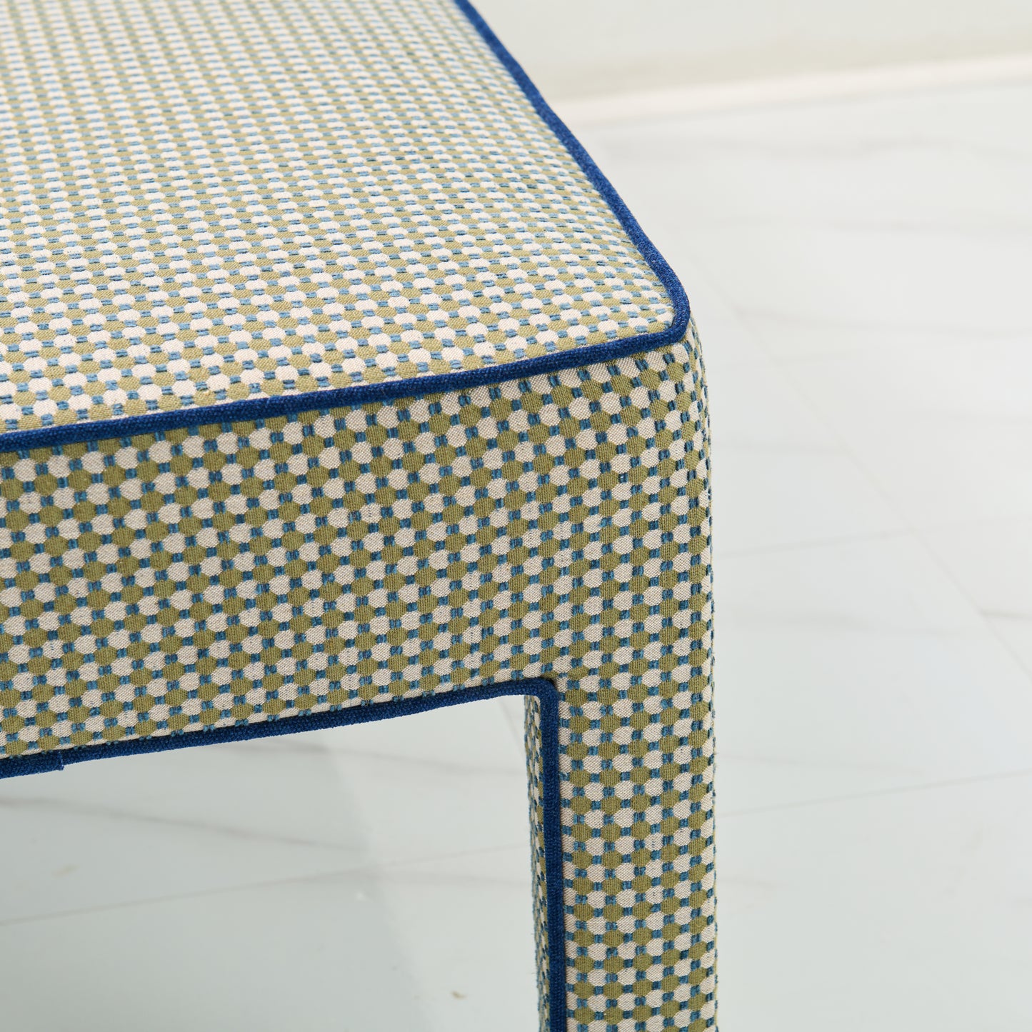 Custom Upholstered Bench in Thibaut Fabric - Navy Trim