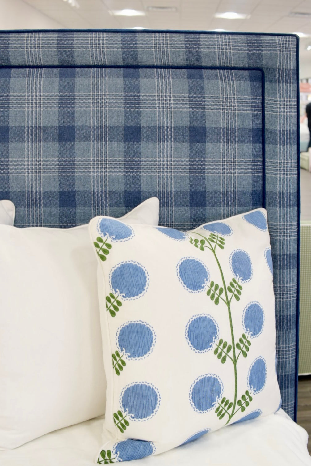 65”H Queen Upholstered Platform Bed - Navy Plaid Fabric - Navy Trim