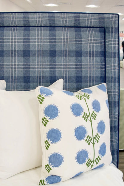 65”H Queen Upholstered Platform Bed - Navy Plaid Fabric - Navy Trim