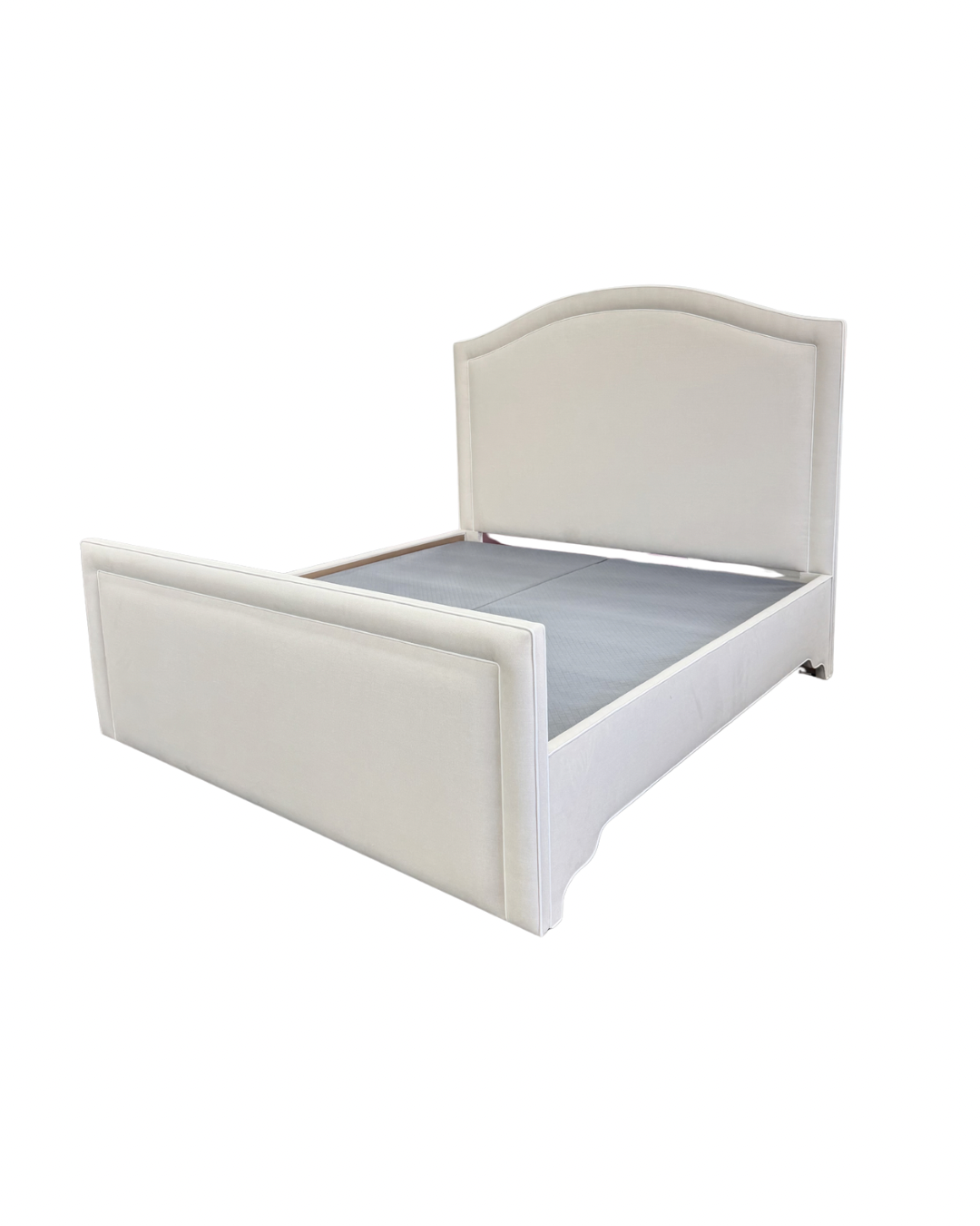 65"H King Platform Bed - Upholstered Footboard - Oatmeal Woven Fabric - White Trim