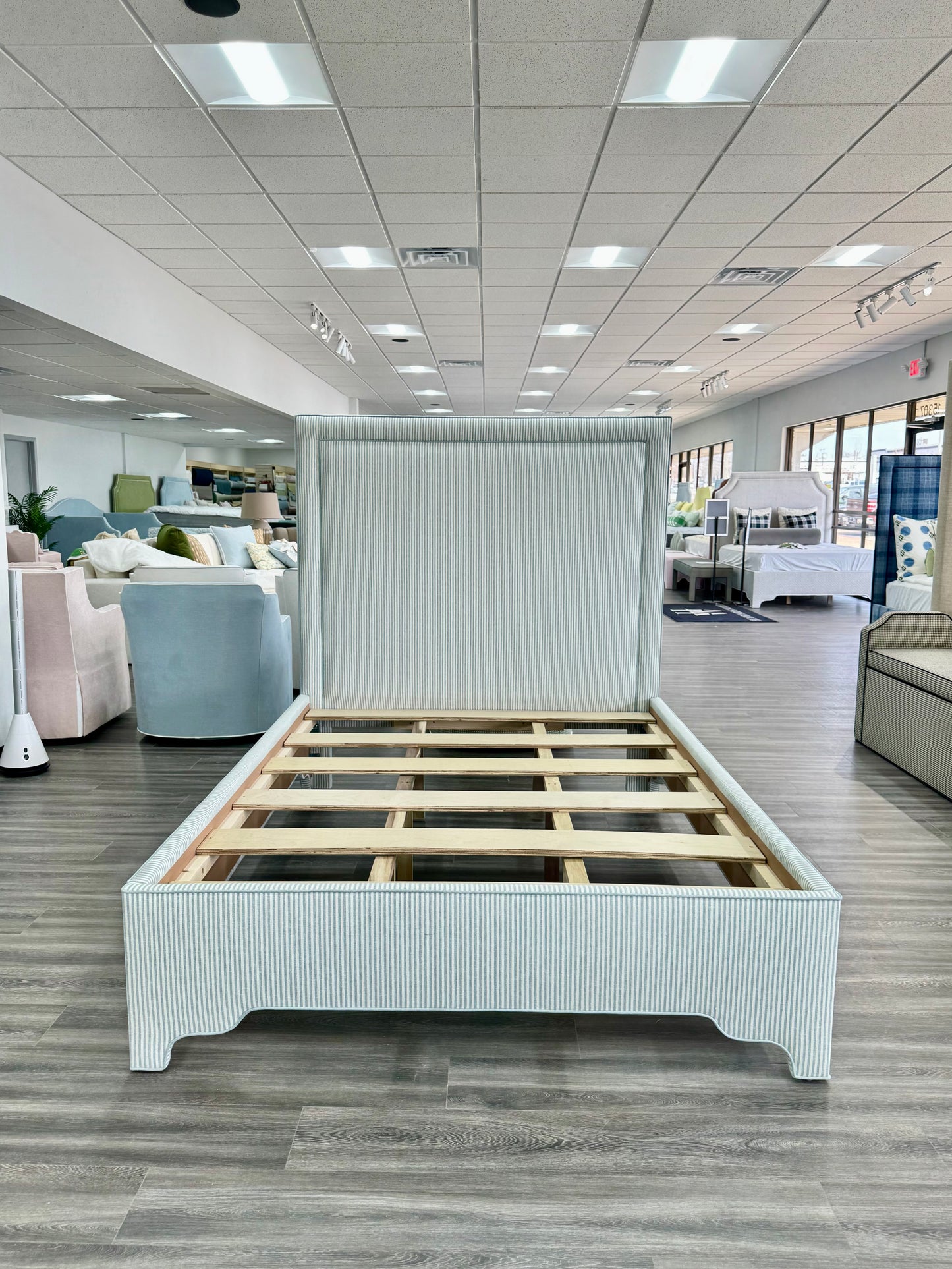 65”H Queen Upholstered Platform Bed - Pierre Frey Upholstery Linen Fabric - Seafoam Green Trim