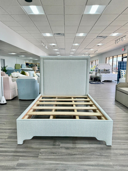 65”H Queen Upholstered Platform Bed - Pierre Frey Upholstery Linen Fabric - Seafoam Green Trim