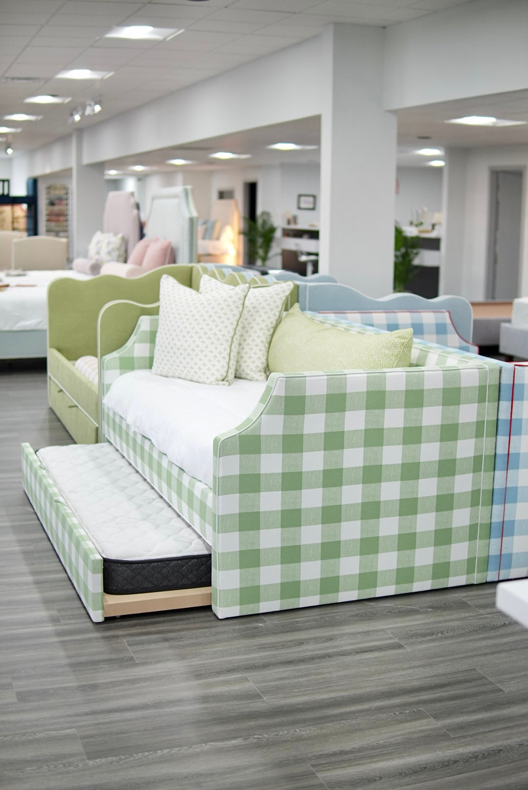 Twin Trundle Daybed - Sage Green Checkered Fabric with White Trim