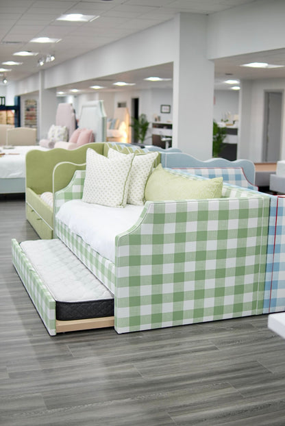 Twin Trundle Daybed - Sage Green Checkered Fabric with White Trim