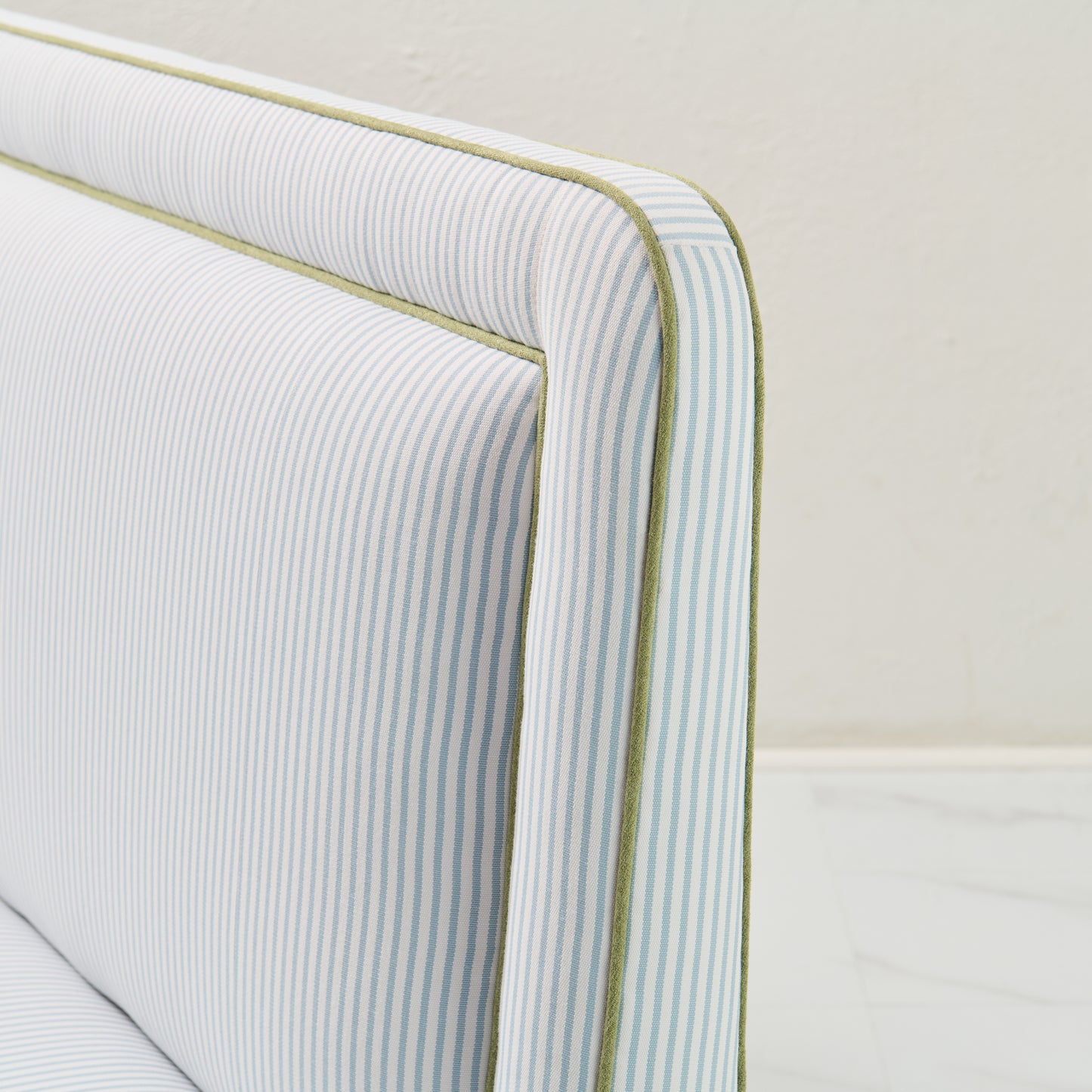 Lorraine Banquette – Perennials Striped Blue Fabric - Green Trim