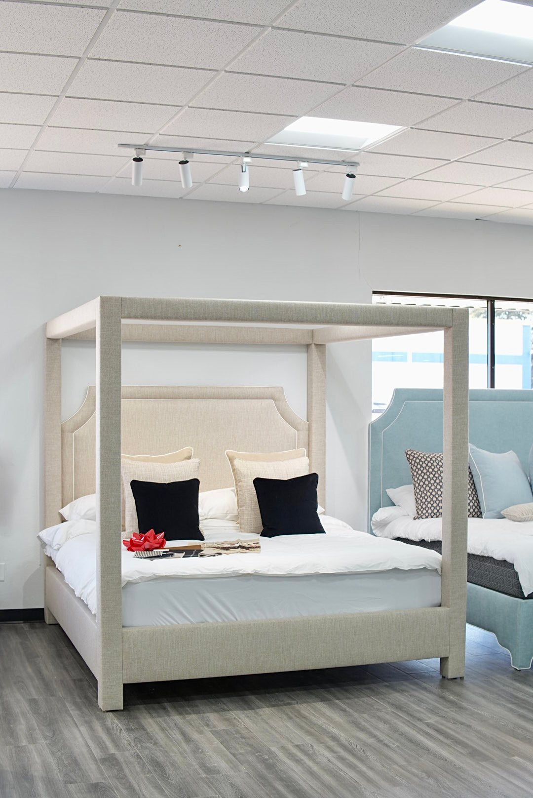 Classic Upholstered King Canopy Bed in Neutral Linen