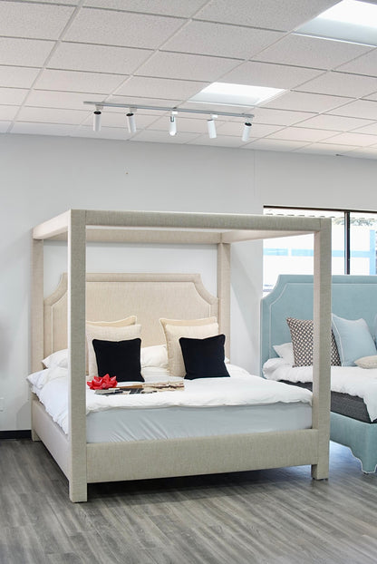 Classic Upholstered King Canopy Bed in Neutral Linen