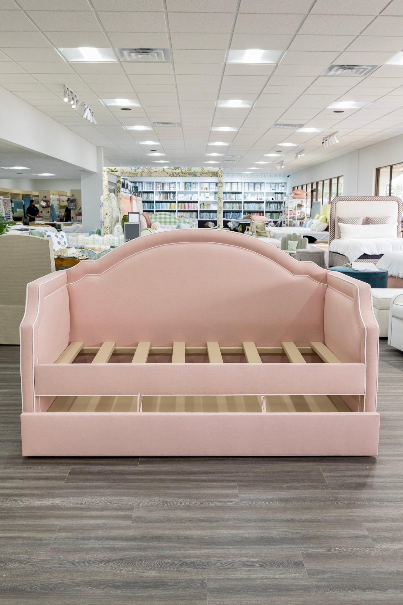 The Grace Twin Trundle Daybed - Pink Linen Fabric - White Trim