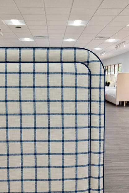 The Lorraine Queen Platform Bed in Navy Plaid Fabric - Navy Trim