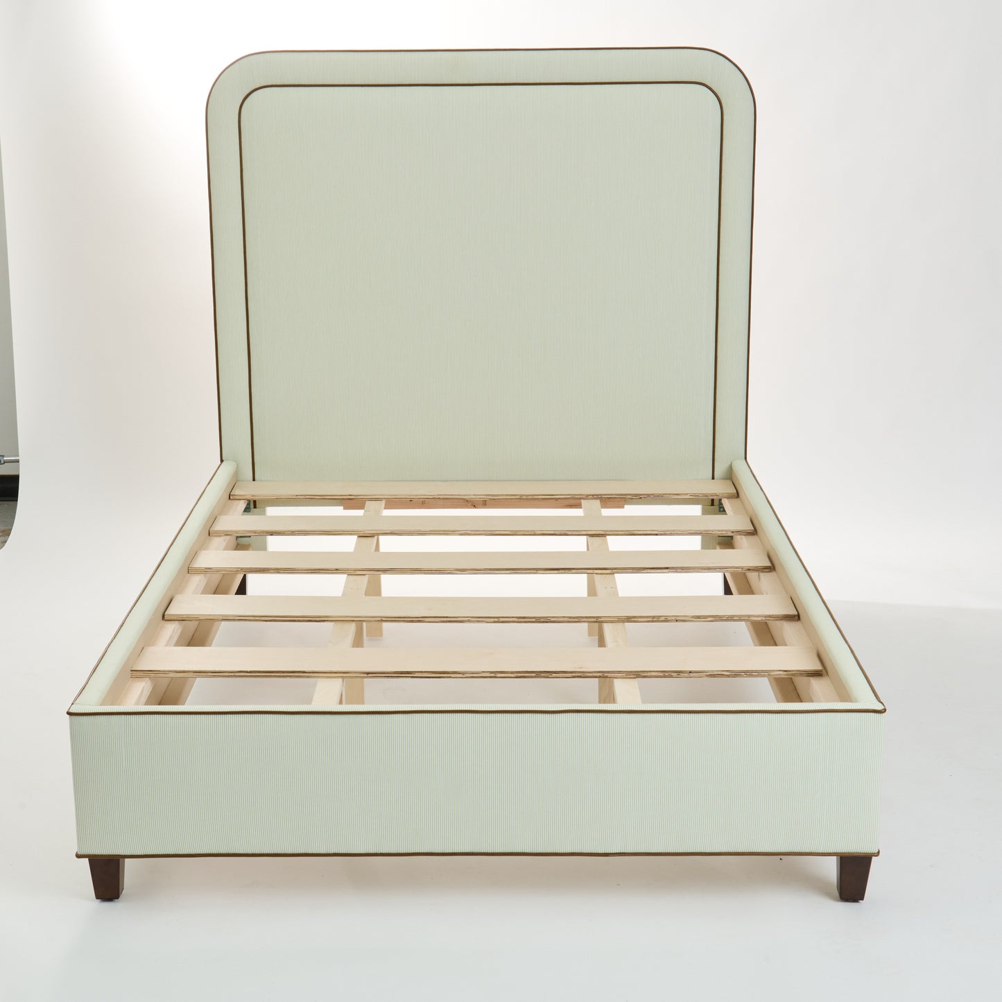 The Lorraine Queen Platform Bed - Striped Green & White Fabric - Leather Trim
