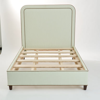 The Lorraine Queen Platform Bed - Striped Green & White Fabric - Leather Trim