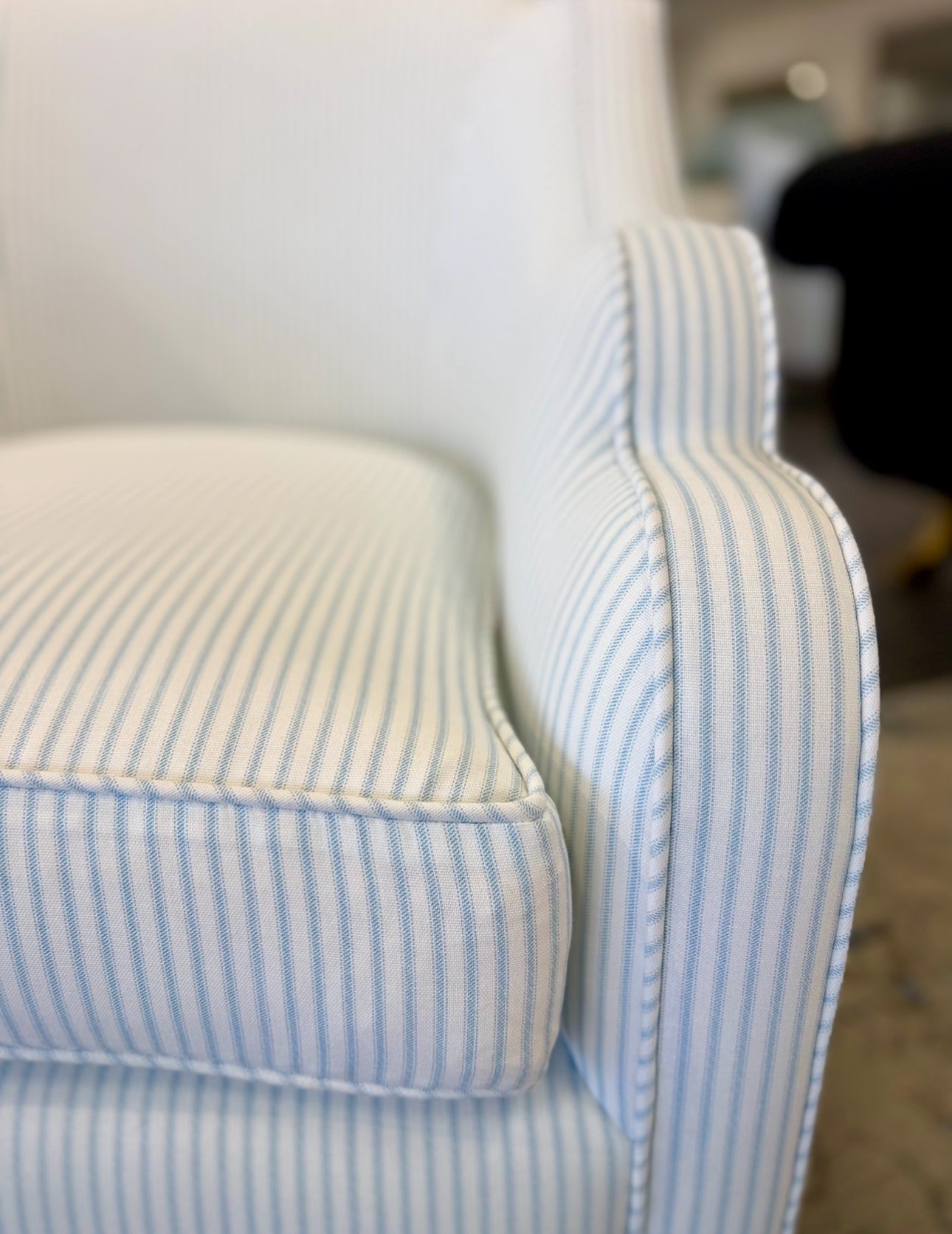 Custom Scalloped Swivel Chair: Classic Blue Stripe Fabric