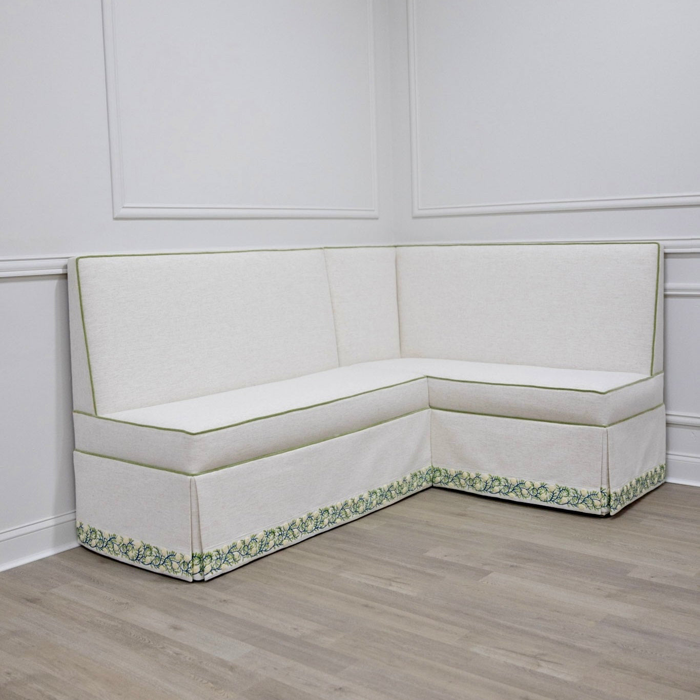 Custom Upholstered Skirted Banquette – Crypton Off-White Fabric, Pistachio Green Trim