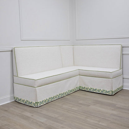 Custom Upholstered Skirted Banquette – Crypton Off-White Fabric, Pistachio Green Trim