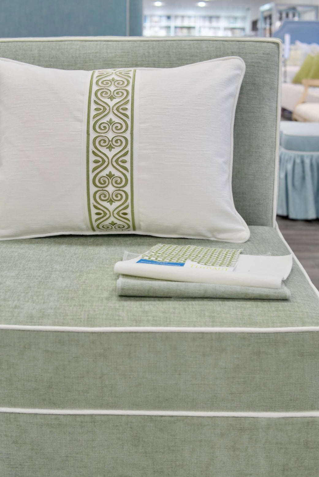 Custom Upholstered Skirted Banquette – Performance Green Chenille Fabric, White Piping