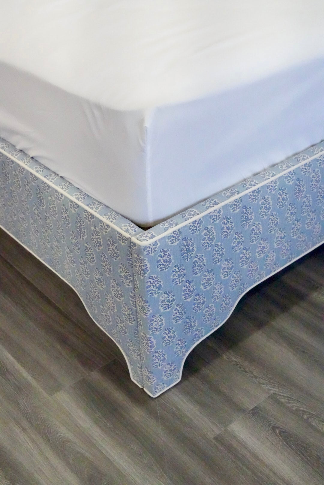 65”H Queen Platform Upholstered Bed - Perry Blue Polyester Fabric with White Trim