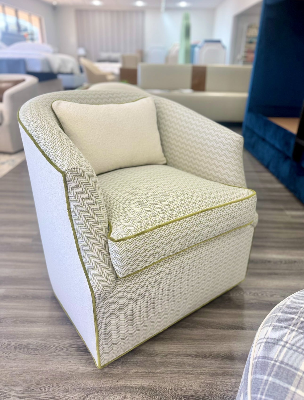 Custom Swivel Chair -  Kravet Olefin Fabric, Herringbone Texture Upholstery Fabric