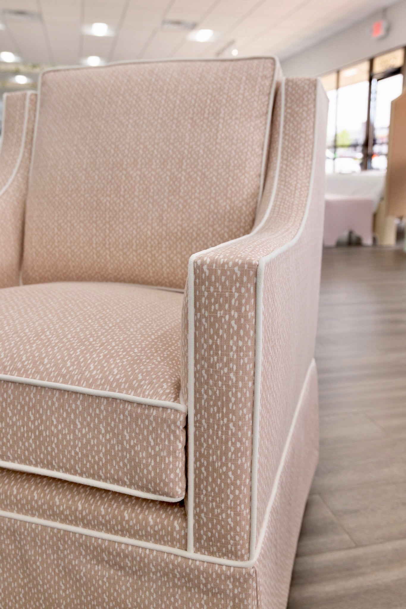 Custom Swivel Glider Chair – Pink Dotted Fabric with White Trim