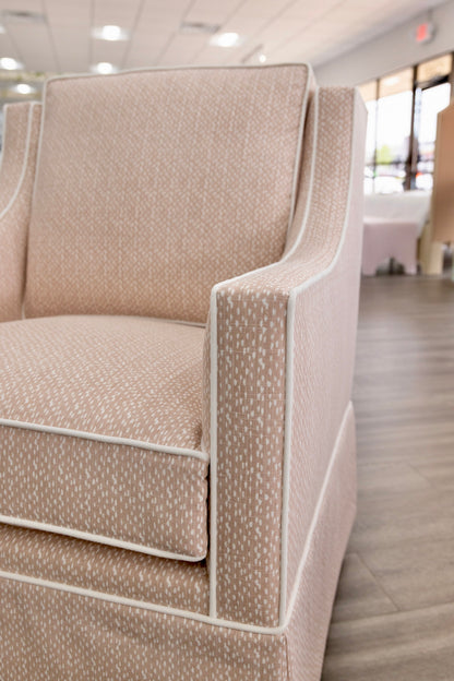 Custom Swivel Glider Chair – Pink Dotted Fabric with White Trim