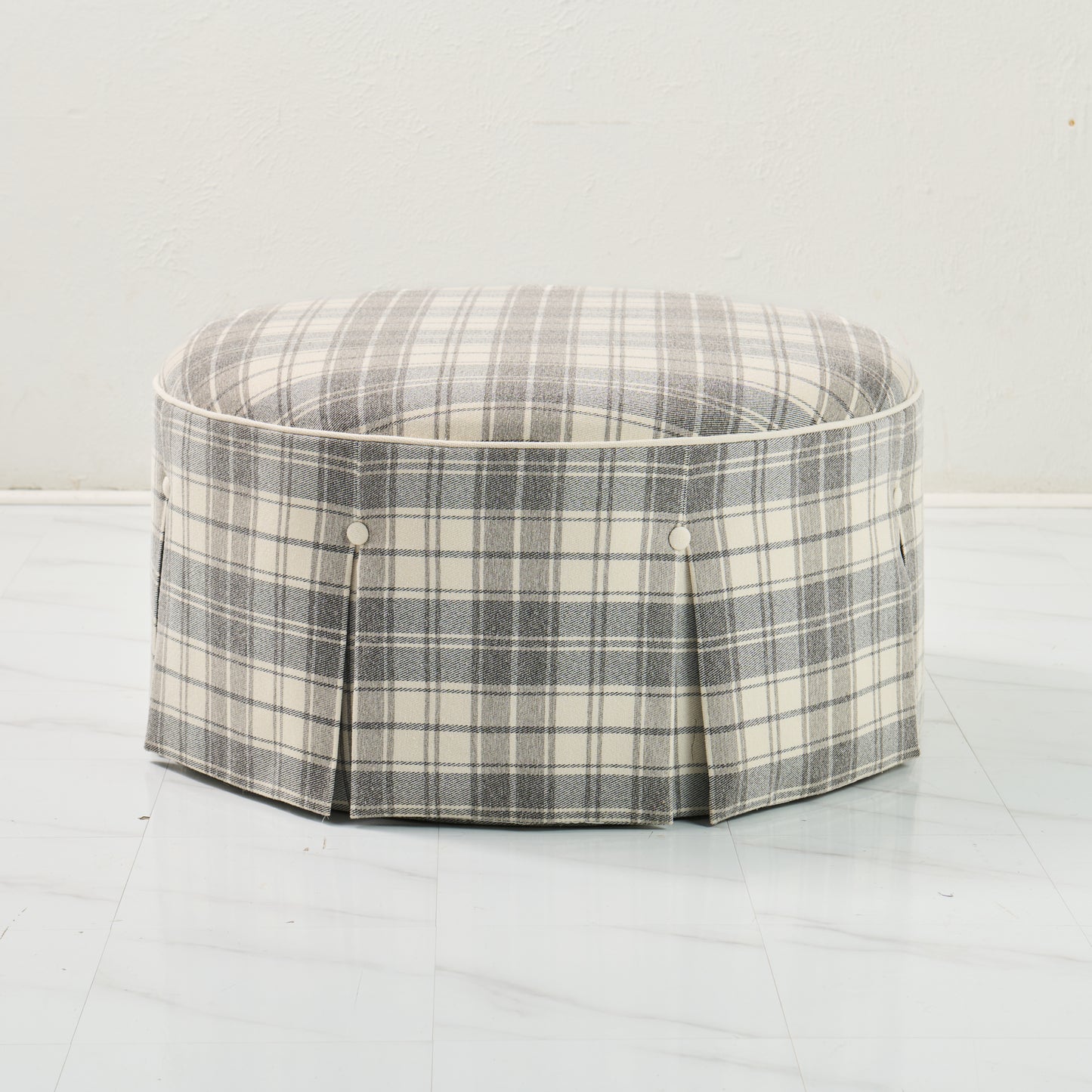 32" Round Skirted Ottoman in Gray Plaid Upholstery Fabric