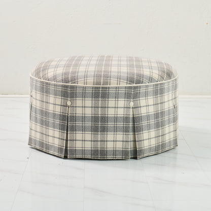 32" Round Skirted Ottoman in Gray Plaid Upholstery Fabric