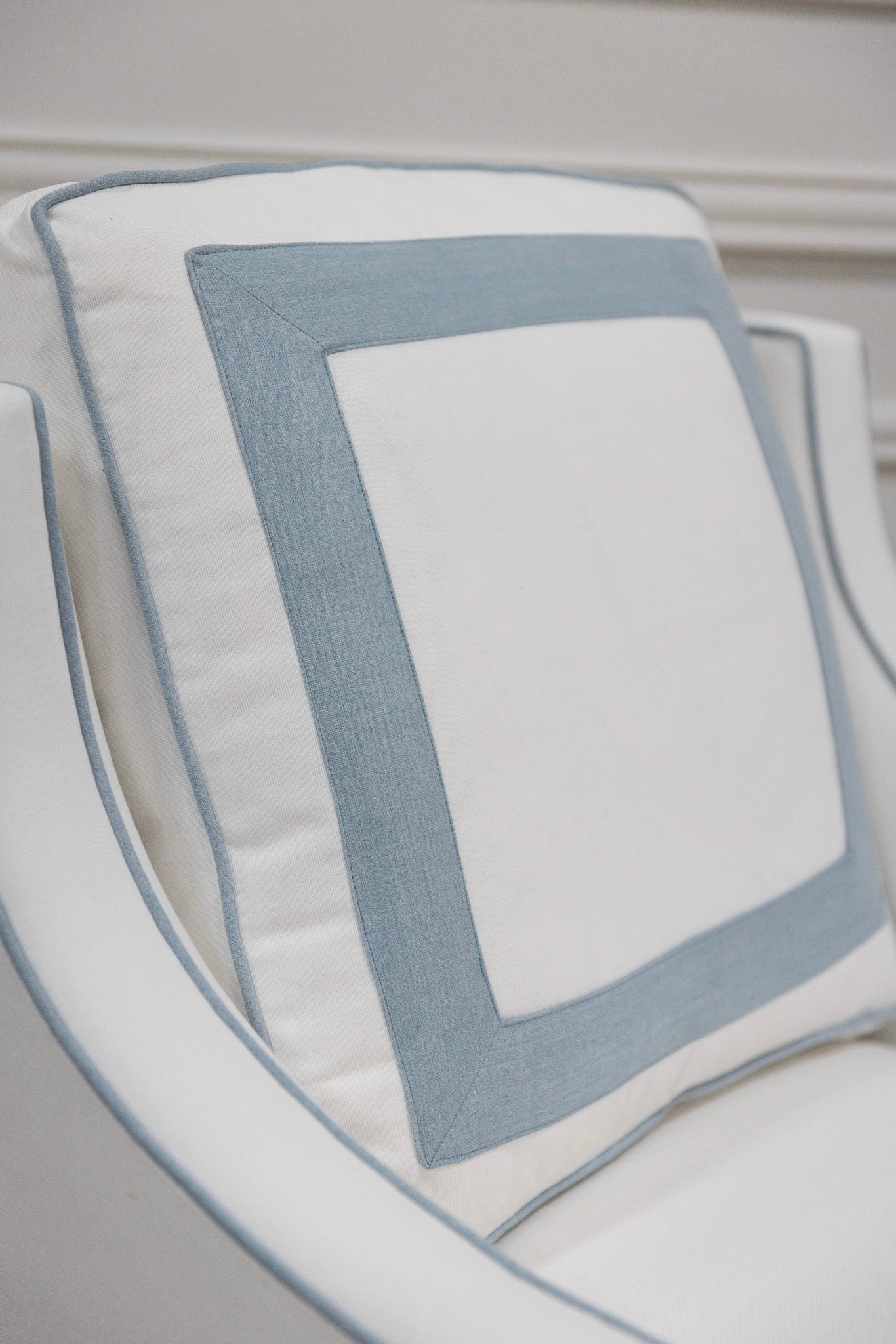 The Camille Glider Chair
– White Linen with Sky Blue Trim