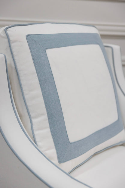 The Camille Glider Chair
– White Linen with Sky Blue Trim