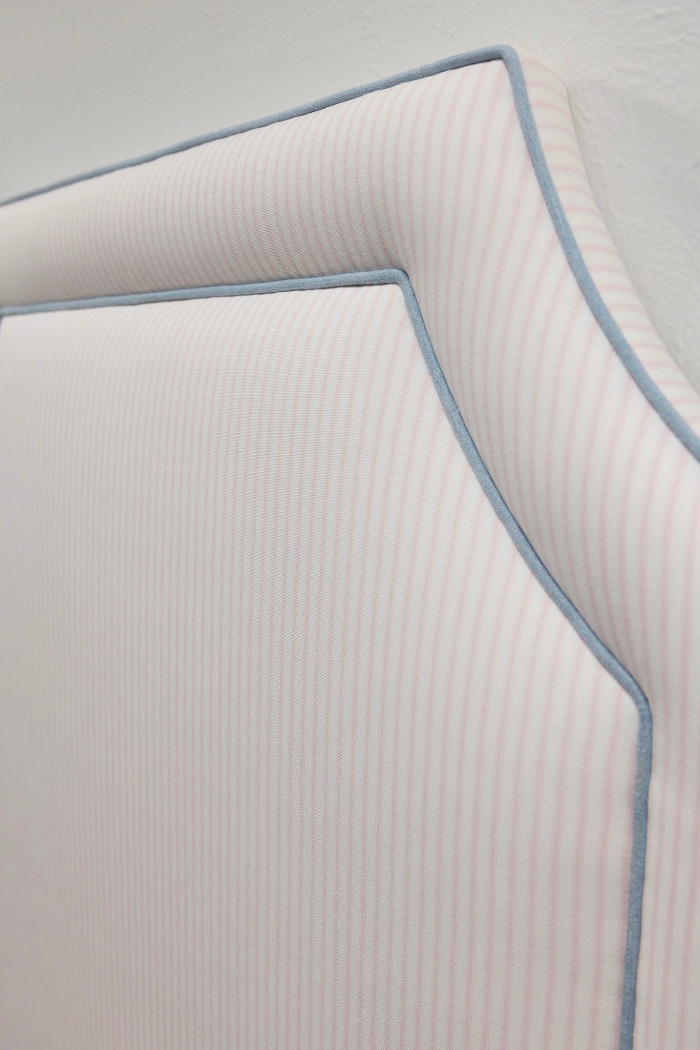 the Addison Twin Headboard - Ticking Stripe Pink Fabric - Blue Trim