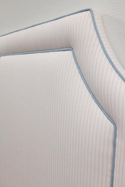the Addison Twin Headboard - Ticking Stripe Pink Fabric - Blue Trim