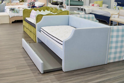 Twin Trundle Daybed - Sky Blue Woven Fabric with White Trim
