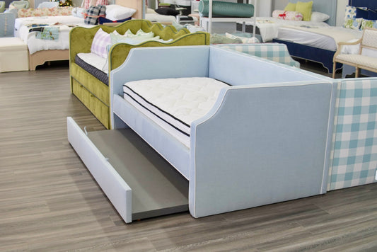 Twin Trundle Daybed - Sky Blue Woven Fabric with White Trim